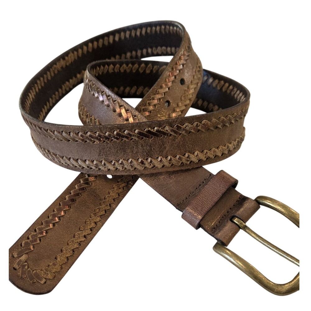 Brown Genuine Leather Whipstitch Belt Large Distressed Copper Antique Brass Boho